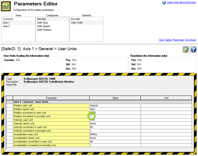 Parameters Editor with Position increment in encoder unit circled